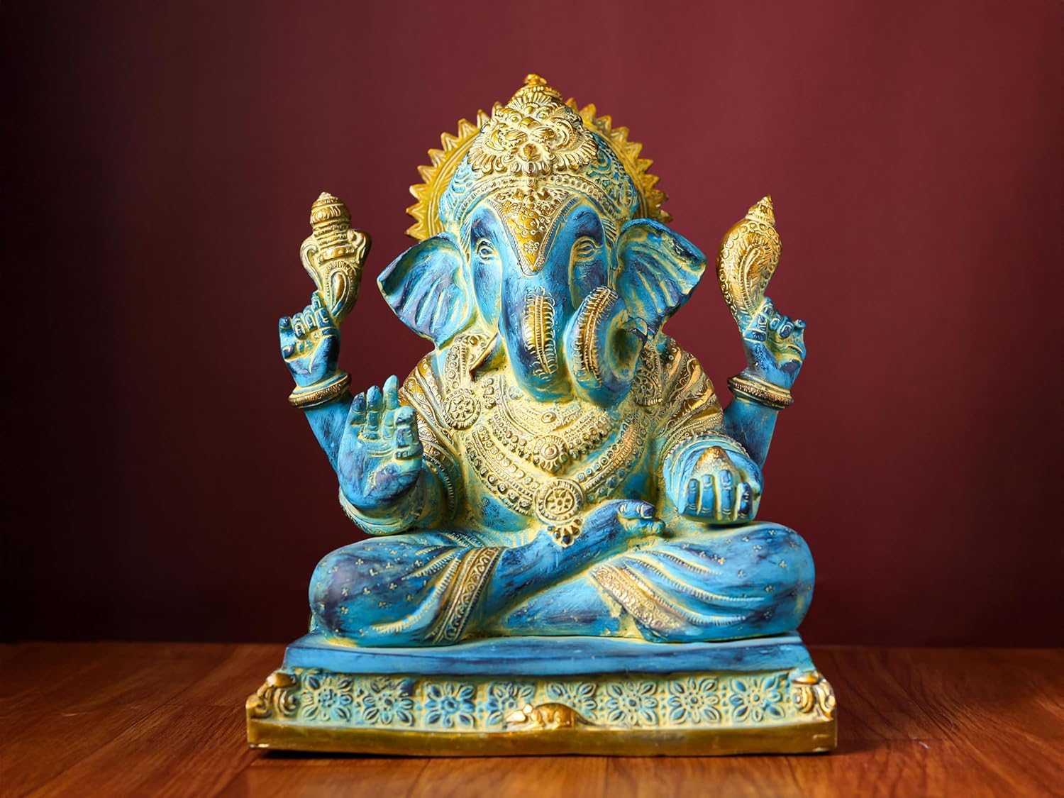 Shivaji Arts Brass Ganesha Statue with Mosaic – 29 CM Blue-Golden Ganpati Idol for Home Altar and Gifting