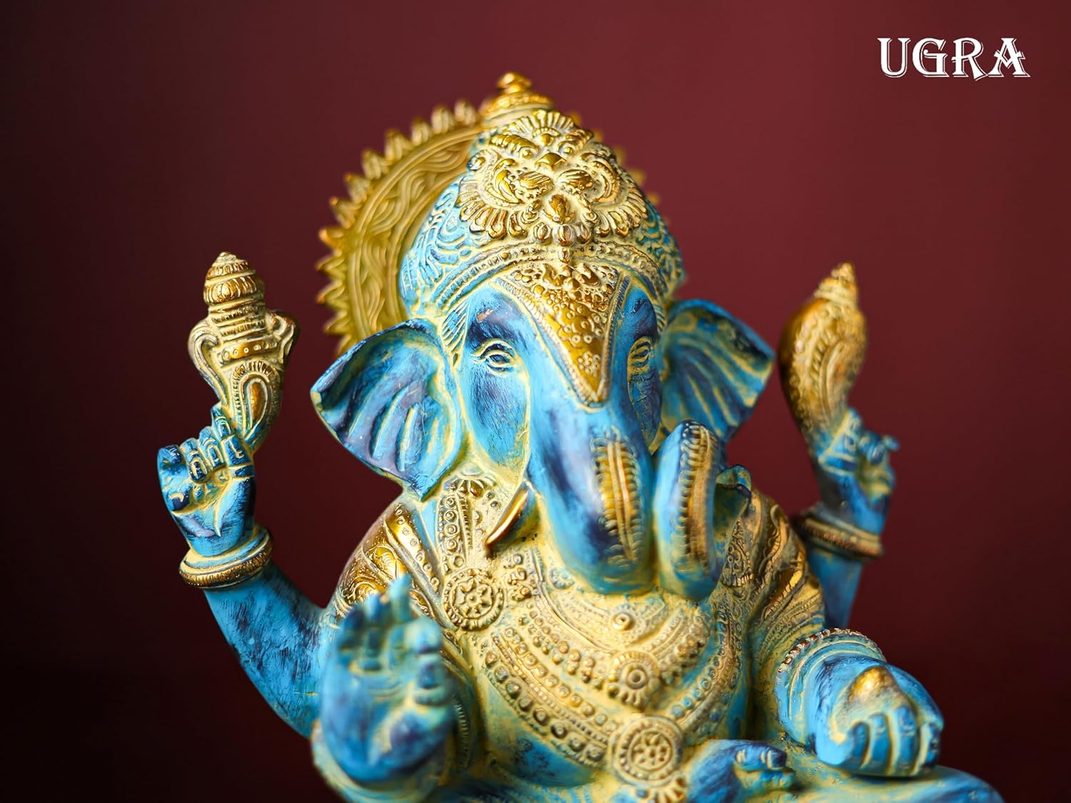 Shivaji Arts Brass Ganesha Statue with Mosaic – 29 CM Blue-Golden Ganpati Idol for Home Altar and Gifting