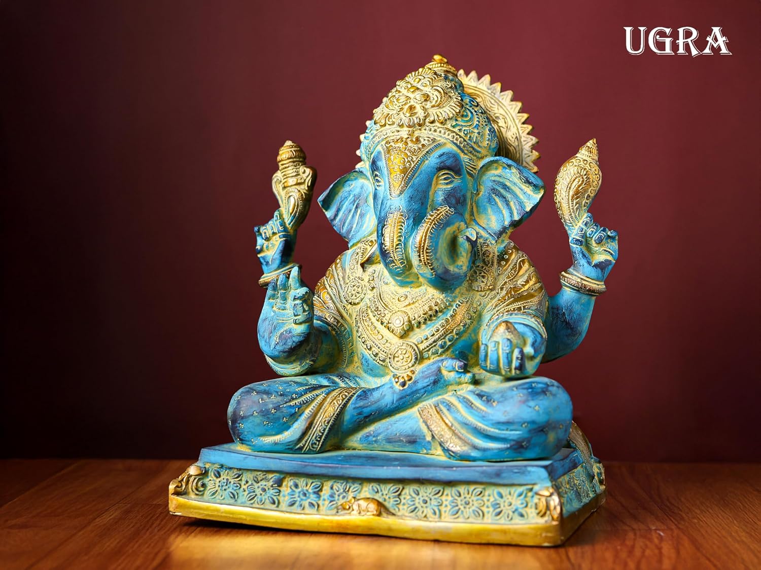 Shivaji Arts Brass Ganesha Statue with Mosaic – 29 CM Blue-Golden Ganpati Idol for Home Altar and Gifting