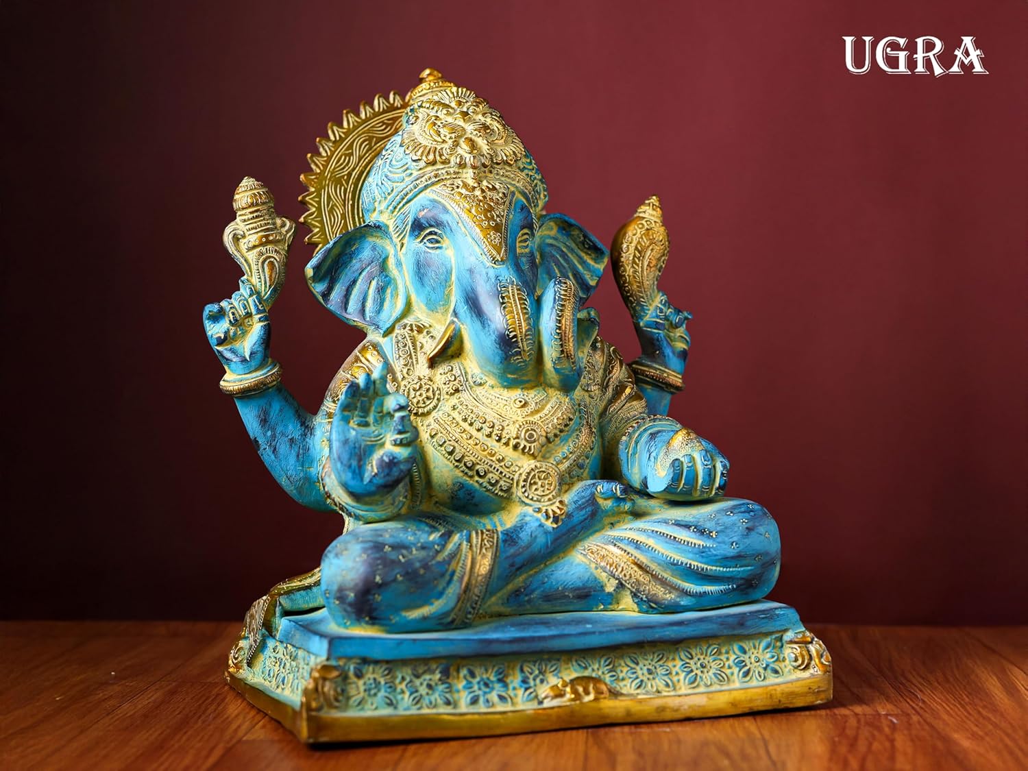 Shivaji Arts Brass Ganesha Statue with Mosaic – 29 CM Blue-Golden Ganpati Idol for Home Altar and Gifting