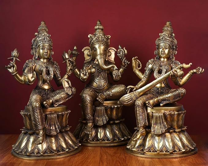 Shivaji Arts Brass Lakshmi Ganesh Saraswati Statue - 36 CM Intricately Crafted Sculpture for New Beginnings,Wealth, Prosperity, Knowledge, Wisdom | Diwali Puja Gift | Housewarming Gift | Maa Sarswati Idol