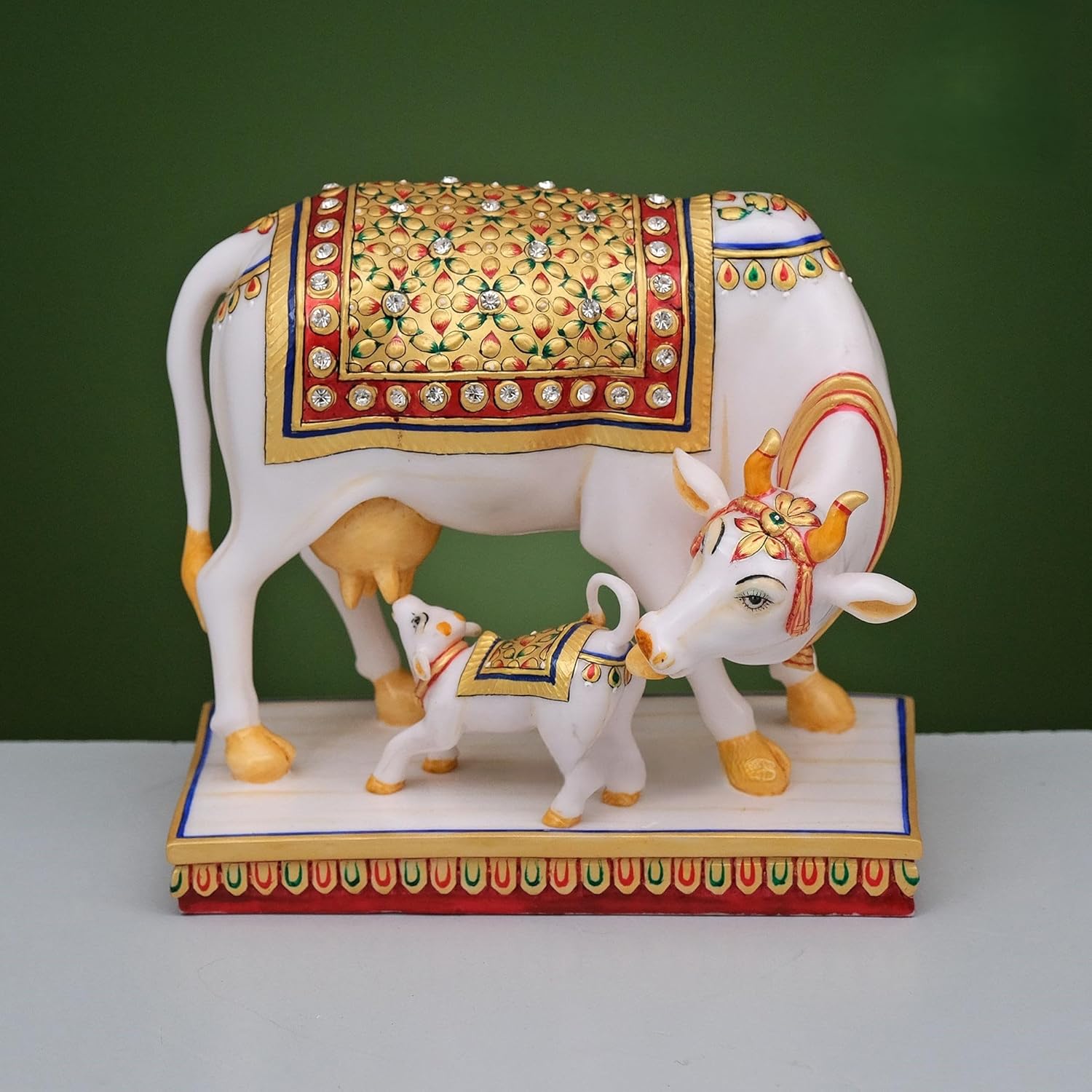 Shivaji Arts Kamadhenu Cow Calf Statue in Marble, 15 cm Marble Kamdhenu Cow and Calf Idol, Holy Cow of Wishes & Desires, House Warming Gift