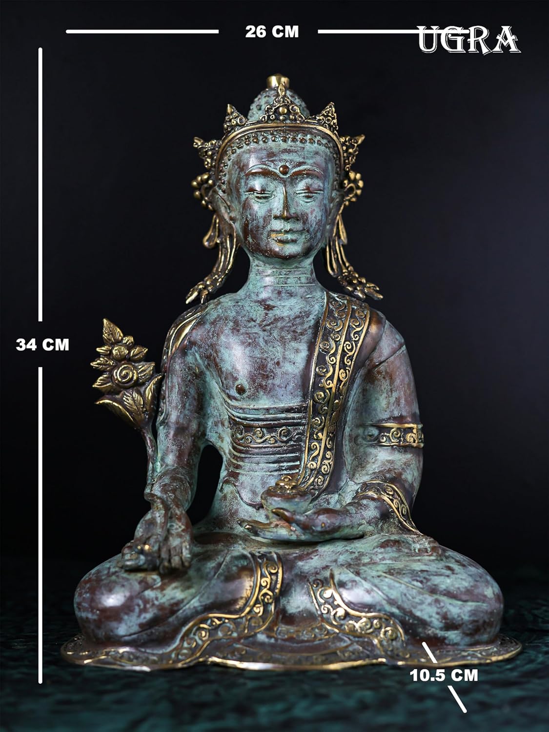 Shivaji Arts Bronze Crown Buddha Statue – 34 CM Abhaya Mudra Buddha Idol for Meditation, Temple Altar, and Yoga Studio Decor | Antique Fearless Shakyamuni Buddha Sculpture