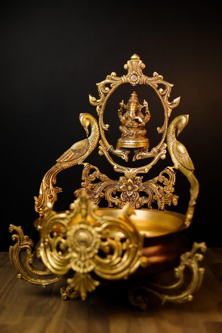 Brass Urli with Ganesha, 47CM Lord Ganesha Idol, Traditional Home Decor, Urli Bowl, Religious Decor