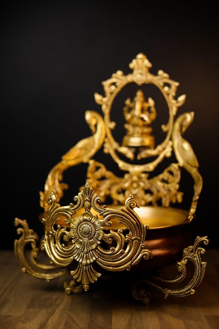 Brass Urli with Ganesha, 47CM Lord Ganesha Idol, Traditional Home Decor, Urli Bowl, Religious Decor