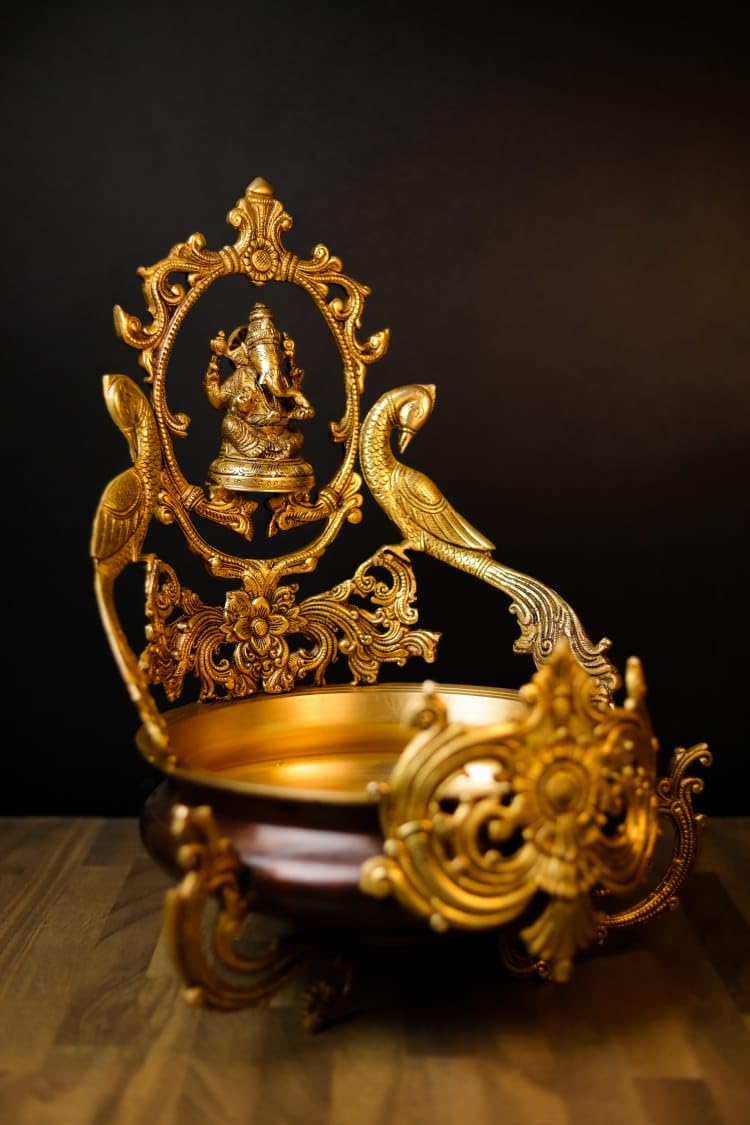 Brass Urli with Ganesha, 47CM Lord Ganesha Idol, Traditional Home Decor, Urli Bowl, Religious Decor