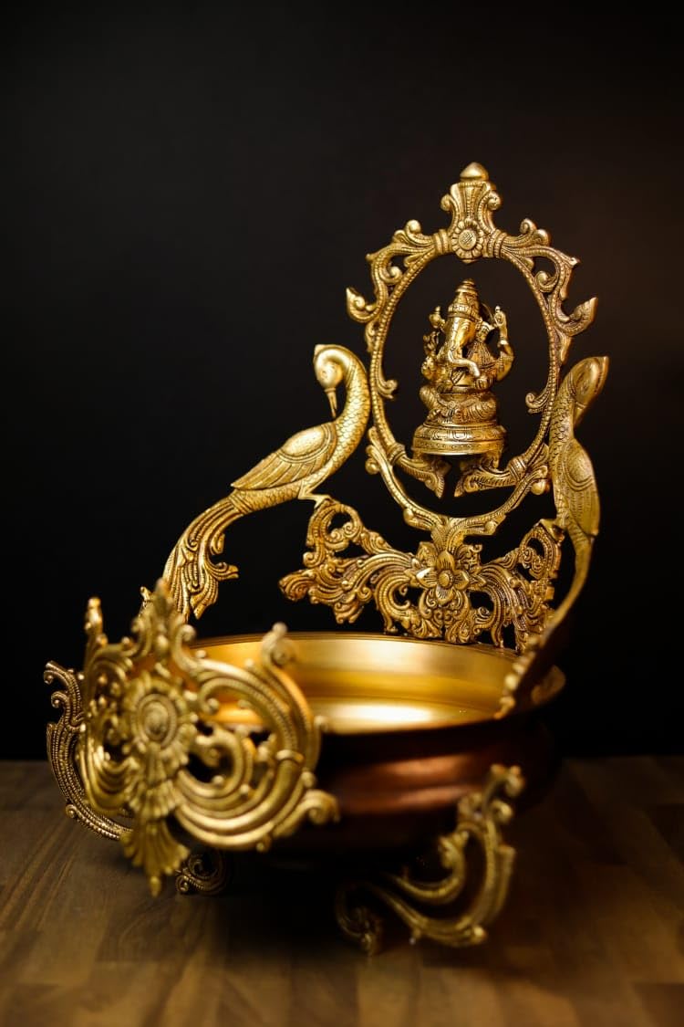 Brass Urli with Ganesha, 47CM Lord Ganesha Idol, Traditional Home Decor, Urli Bowl, Religious Decor