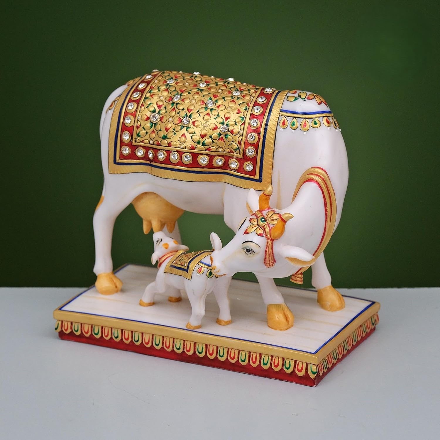 Shivaji Arts Kamadhenu Cow Calf Statue in Marble, 15 cm Marble Kamdhenu Cow and Calf Idol, Holy Cow of Wishes & Desires, House Warming Gift