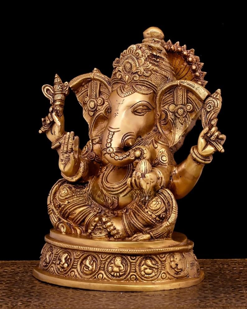 Brass Ganesha Statue - 28CM Large Ganesh Idol - Traditional Ganesh Murti Showpiece for Home Decor and Gifts Ganapathi Idol, Ashtavinayaka, Good Luck Gift for New Beginnings, Housewarming Gift