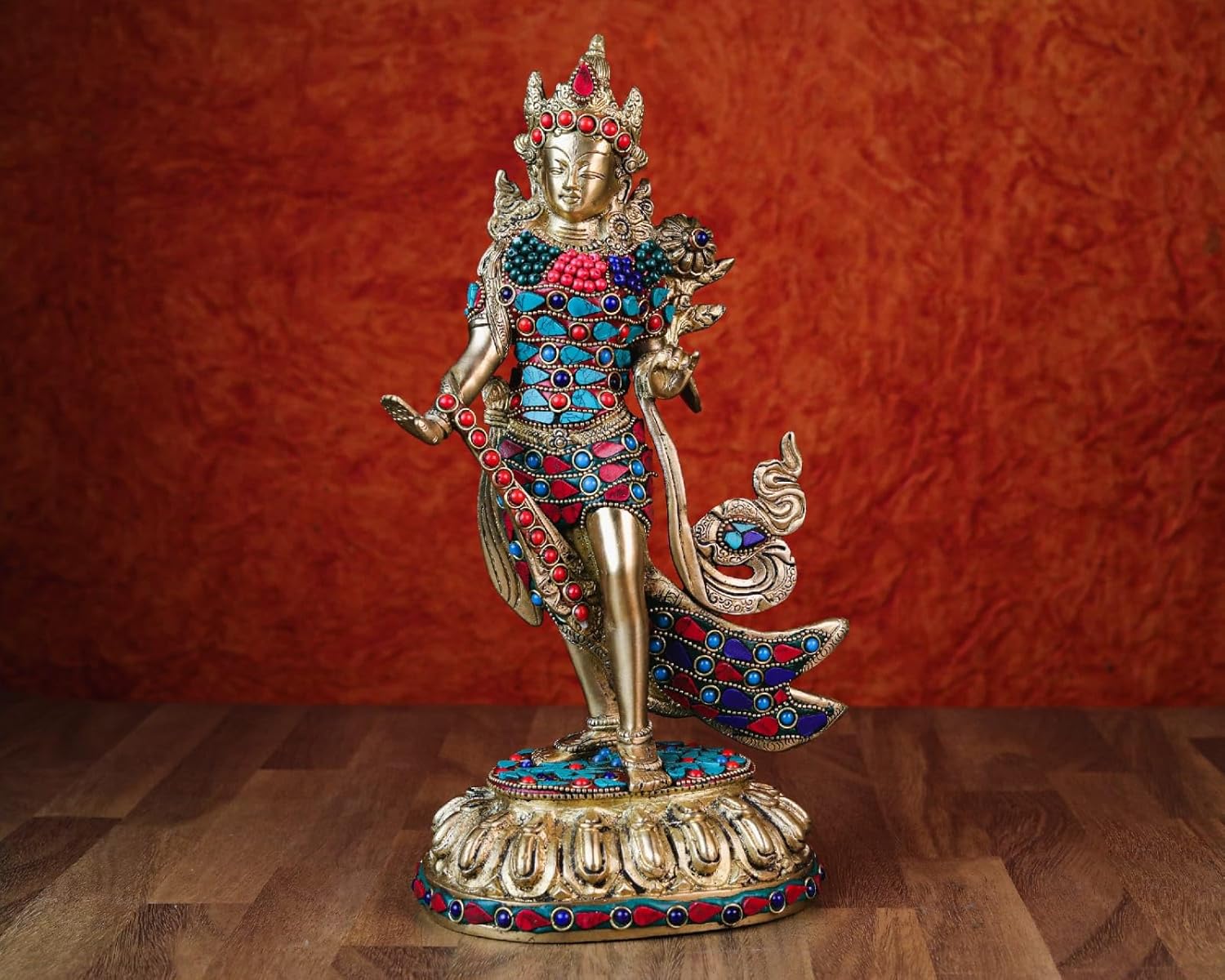 Shivaji Arts Brass Standing Tara Statue with Stonework, 33 cm Big Size Brass Tara Statue, Buddhism, Female Shakti, Bodhisattva, Buddhist Savior