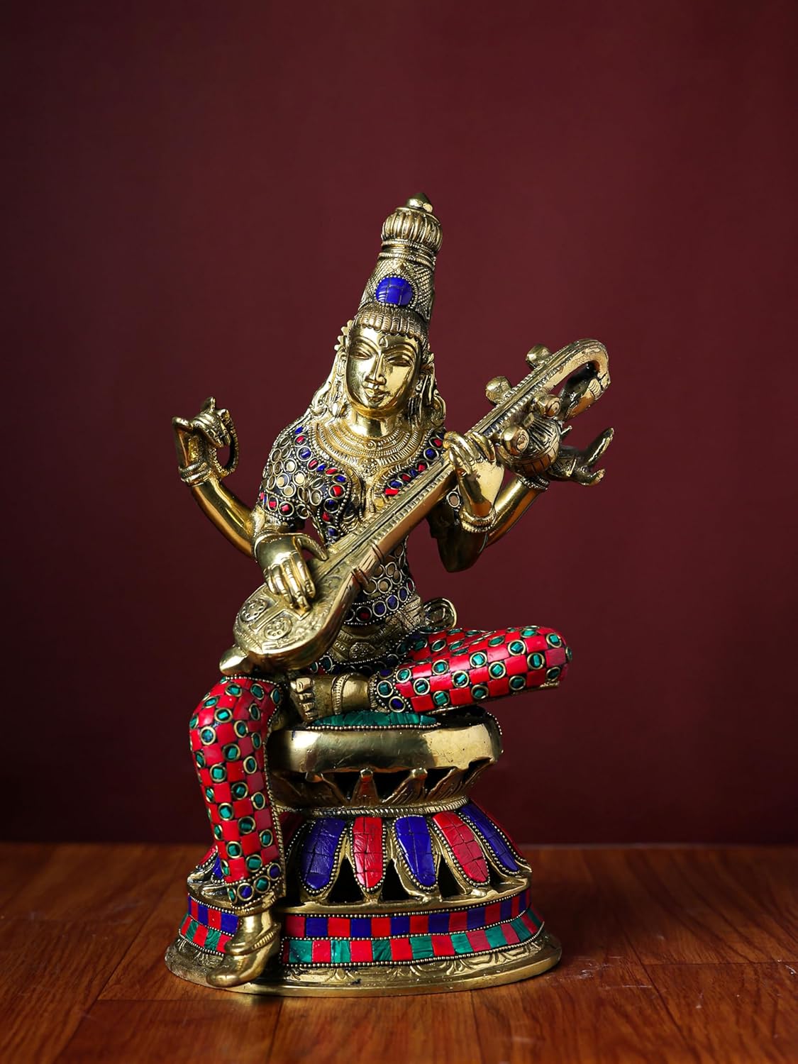 Shivaji Arts Brass Saraswati Statue with Stonework - 32 cm Goddess of Arts, Music, Knowledge, and Wisdom | Home Altar Decor | Housewarming Gift.