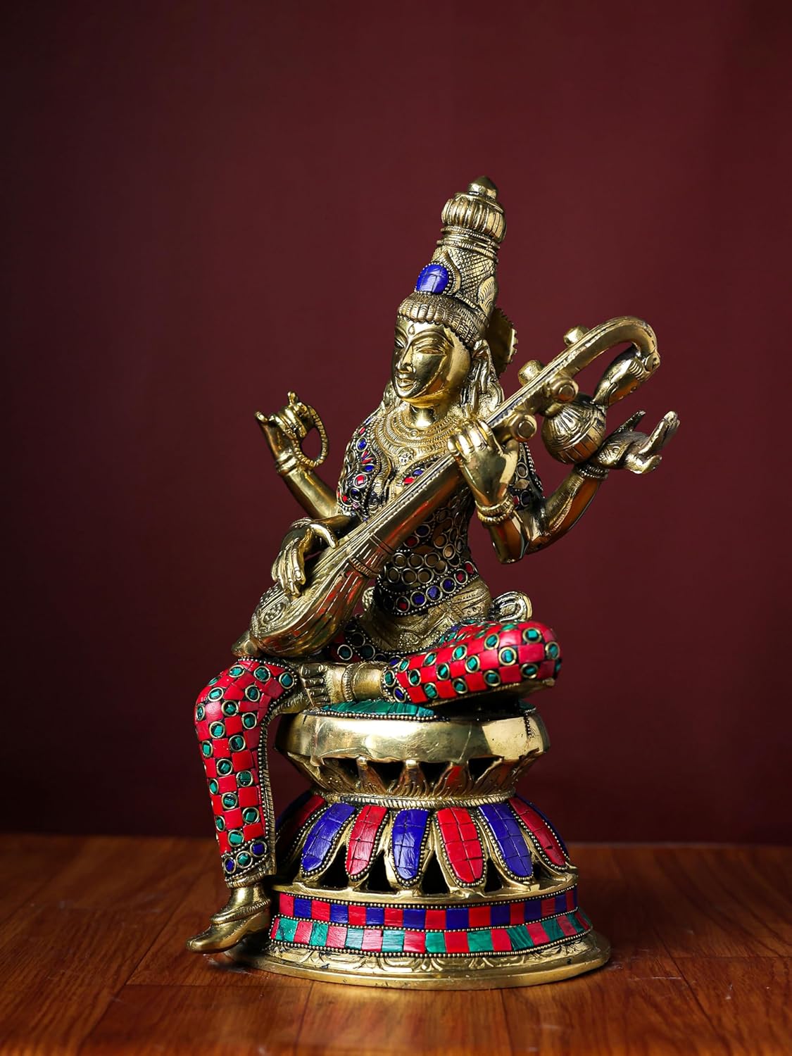Shivaji Arts Brass Saraswati Statue with Stonework - 32 cm Goddess of Arts, Music, Knowledge, and Wisdom | Home Altar Decor | Housewarming Gift.