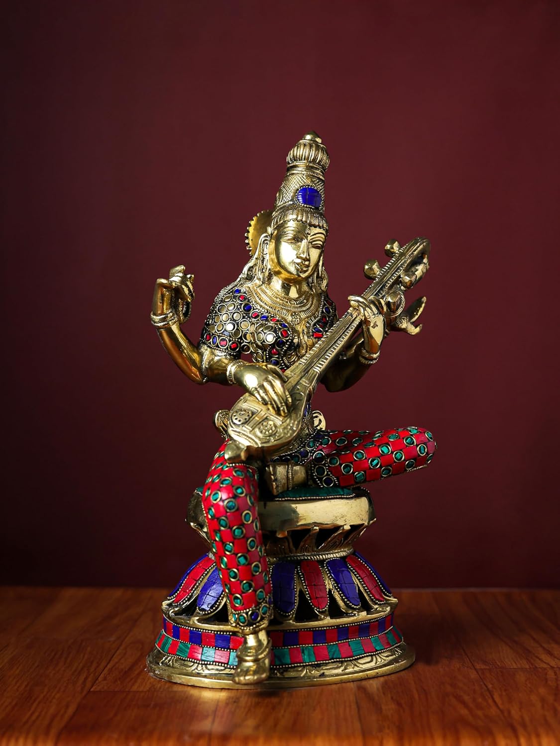 Shivaji Arts Brass Saraswati Statue with Stonework - 32 cm Goddess of Arts, Music, Knowledge, and Wisdom | Home Altar Decor | Housewarming Gift.