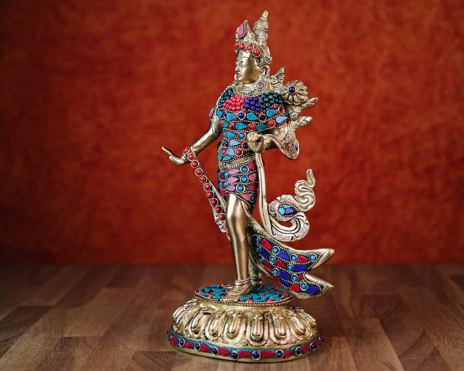 Shivaji Arts Brass Standing Tara Statue with Stonework, 33 cm Big Size Brass Tara Statue, Buddhism, Female Shakti, Bodhisattva, Buddhist Savior