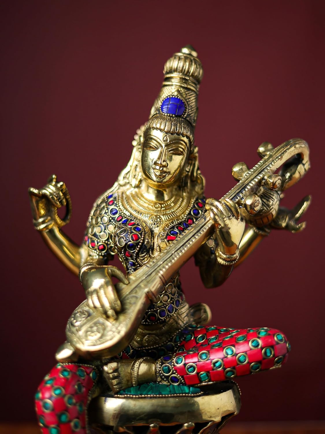 Shivaji Arts Brass Saraswati Statue with Stonework - 32 cm Goddess of Arts, Music, Knowledge, and Wisdom | Home Altar Decor | Housewarming Gift.