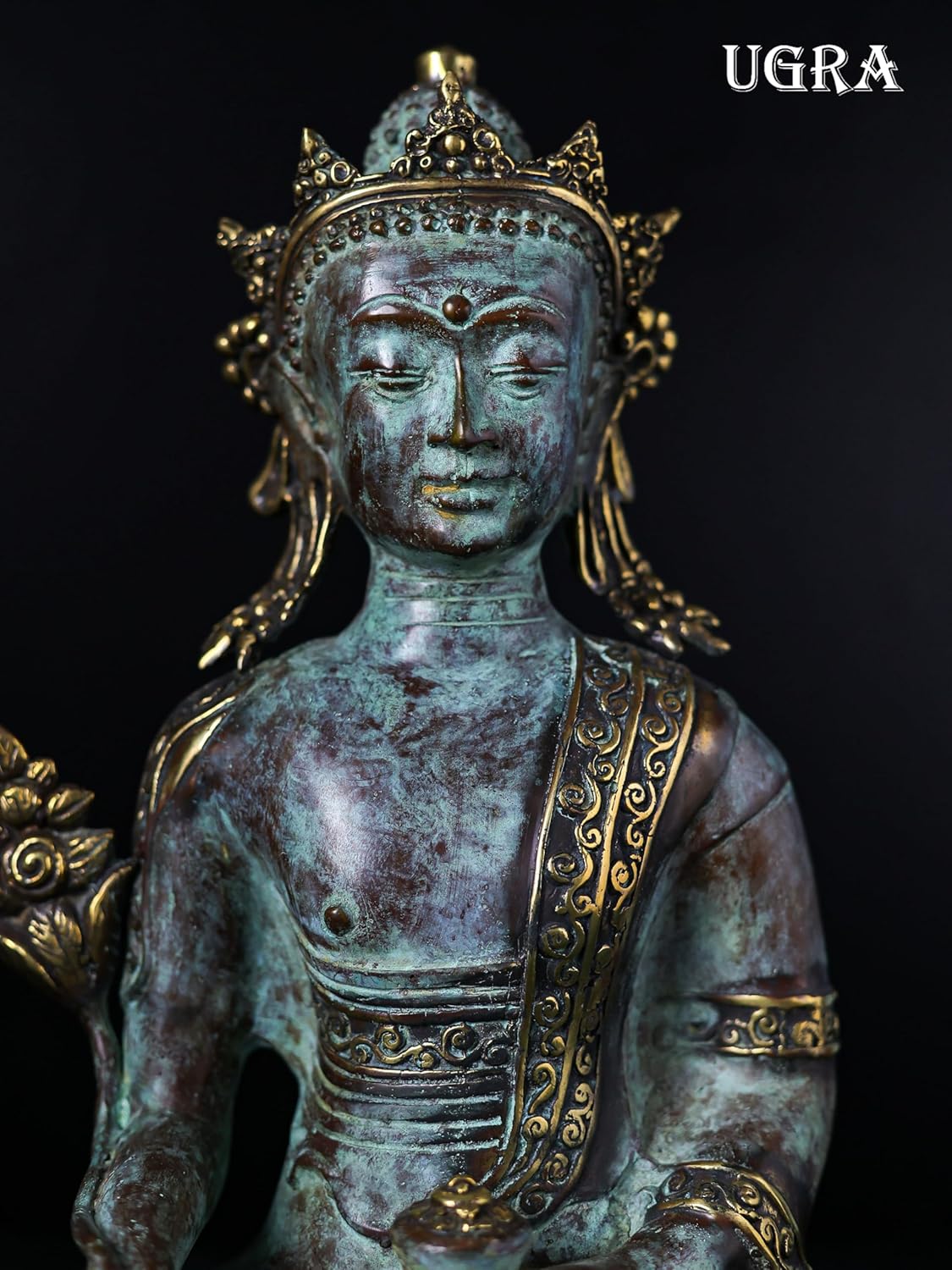 Shivaji Arts Bronze Crown Buddha Statue – 34 CM Abhaya Mudra Buddha Idol for Meditation, Temple Altar, and Yoga Studio Decor | Antique Fearless Shakyamuni Buddha Sculpture