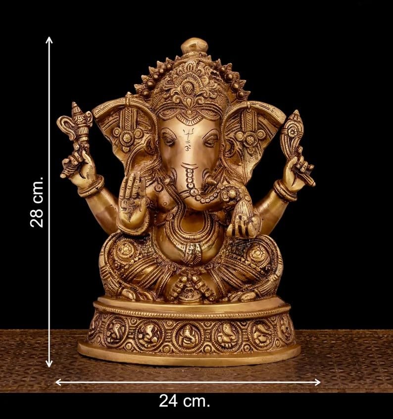 Brass Ganesha Statue - 28CM Large Ganesh Idol - Traditional Ganesh Murti Showpiece for Home Decor and Gifts Ganapathi Idol, Ashtavinayaka, Good Luck Gift for New Beginnings, Housewarming Gift