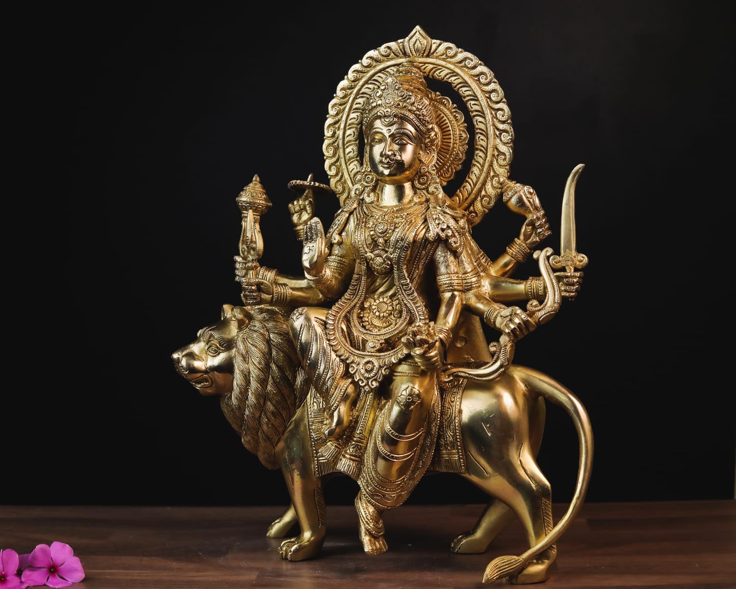 Shivaji Arts Durga Statue in Brass, 15" Inch Big Large Brass Durga Idol, Hindu Goddess Sherawali MATA Murti for Navratri Puja, Ambe Maa Durga Sitting on Lion