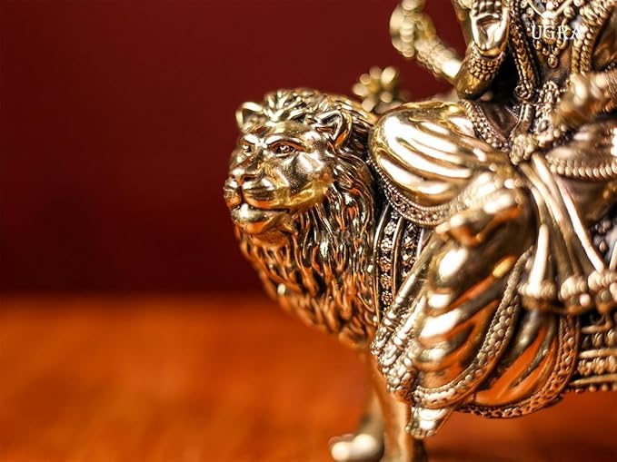Shivaji Arts Goddess Durga Statue on Lion Made in Brass 20CM Ambe Ma Idol, Perfect for Navratri Puja