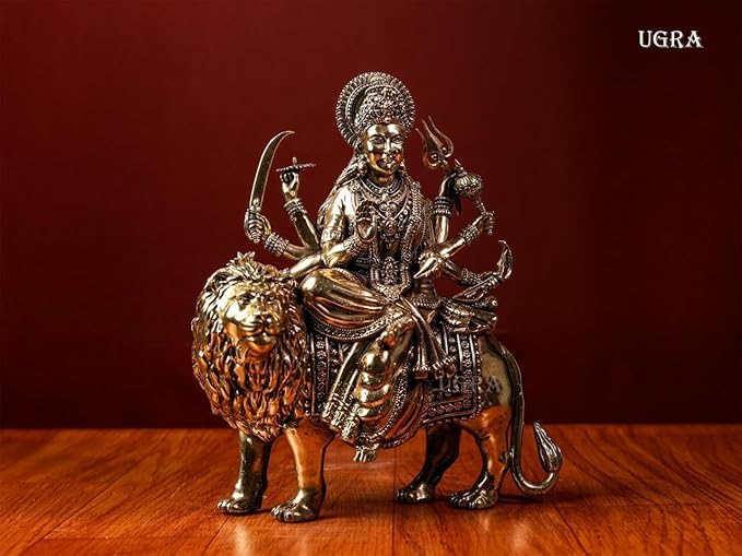 Shivaji Arts Goddess Durga Statue on Lion Made in Brass 20CM Ambe Ma Idol, Perfect for Navratri Puja