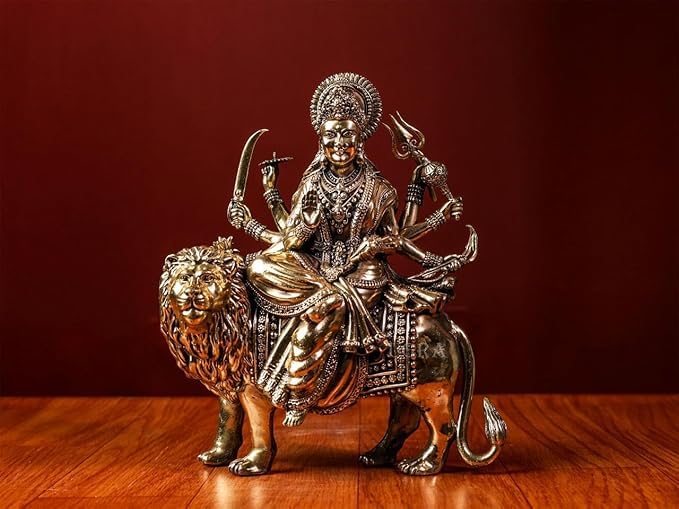 Shivaji Arts Goddess Durga Statue on Lion Made in Brass 20CM Ambe Ma Idol, Perfect for Navratri Puja