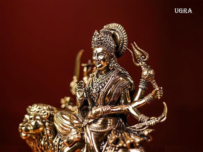 Shivaji Arts Goddess Durga Statue on Lion Made in Brass 20CM Ambe Ma Idol, Perfect for Navratri Puja