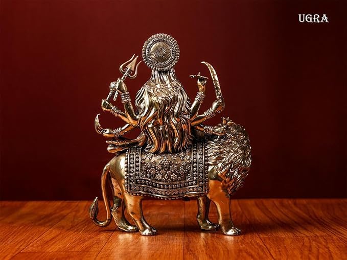 Shivaji Arts Goddess Durga Statue on Lion Made in Brass 20CM Ambe Ma Idol, Perfect for Navratri Puja