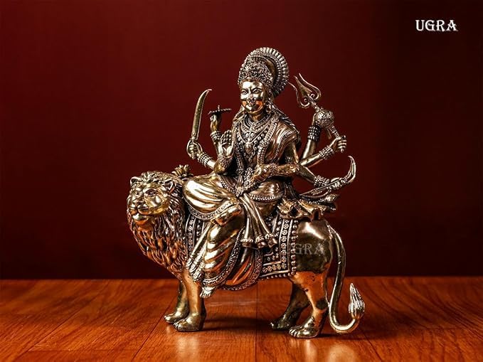 Shivaji Arts Goddess Durga Statue on Lion Made in Brass 20CM Ambe Ma Idol, Perfect for Navratri Puja