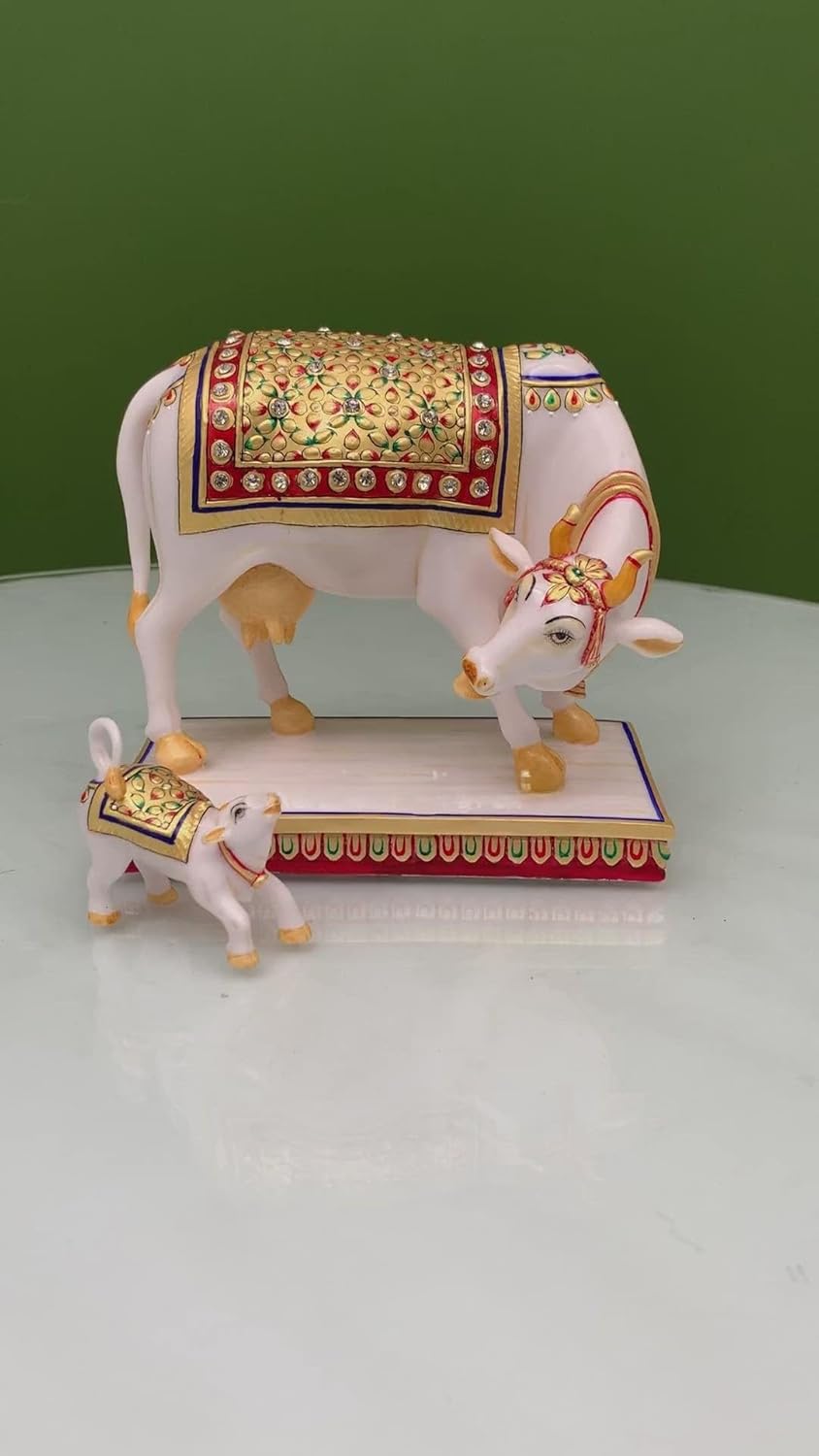 Shivaji Arts Kamadhenu Cow Calf Statue in Marble, 15 cm Marble Kamdhenu Cow and Calf Idol, Holy Cow of Wishes & Desires, House Warming Gift