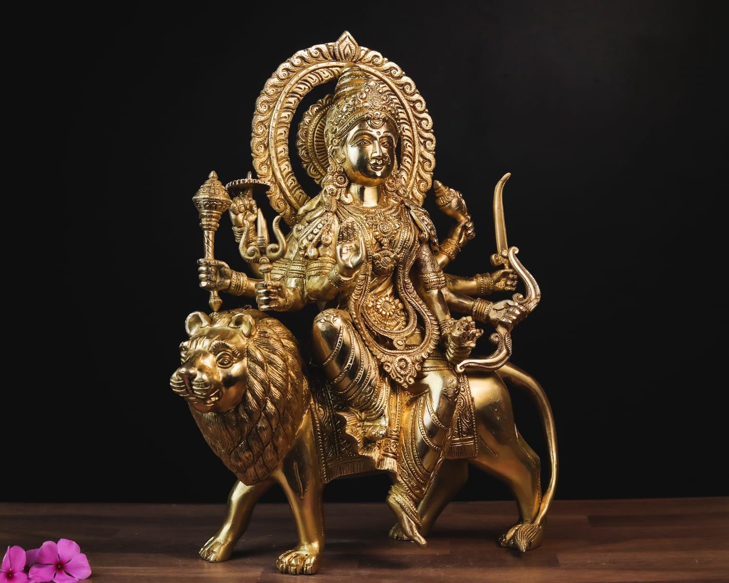 Shivaji Arts Durga Statue in Brass, 15" Inch Big Large Brass Durga Idol, Hindu Goddess Sherawali MATA Murti for Navratri Puja, Ambe Maa Durga Sitting on Lion