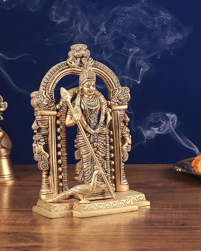 Shivaji Arts Brass Lord Murugan Statue - 23 cm Golden Finish Kartikeya Idol, Lord Muruga Subramanya Murti, God of War Sculpture