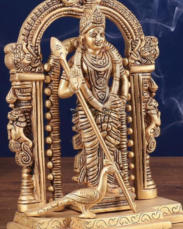 Shivaji Arts Brass Lord Murugan Statue - 23 cm Golden Finish Kartikeya Idol, Lord Muruga Subramanya Murti, God of War Sculpture