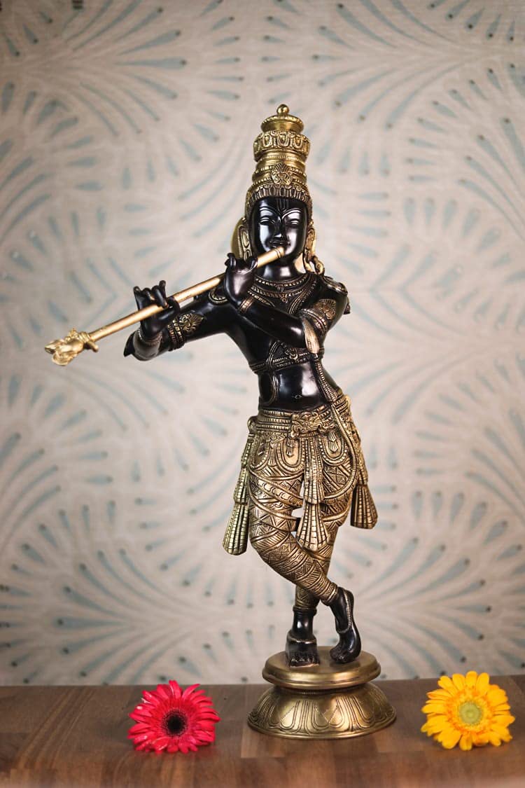 Lord Krishna Brass Statue – 60 CM Large Idol for Home Temple & Yoga Studio Decor