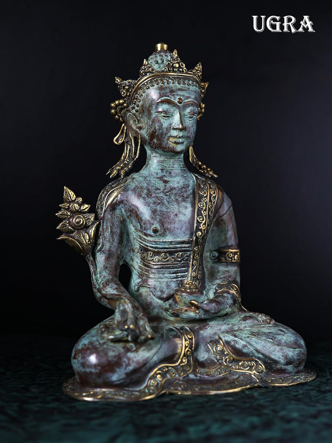 Shivaji Arts Bronze Crown Buddha Statue – 34 CM Abhaya Mudra Buddha Idol for Meditation, Temple Altar, and Yoga Studio Decor | Antique Fearless Shakyamuni Buddha Sculpture