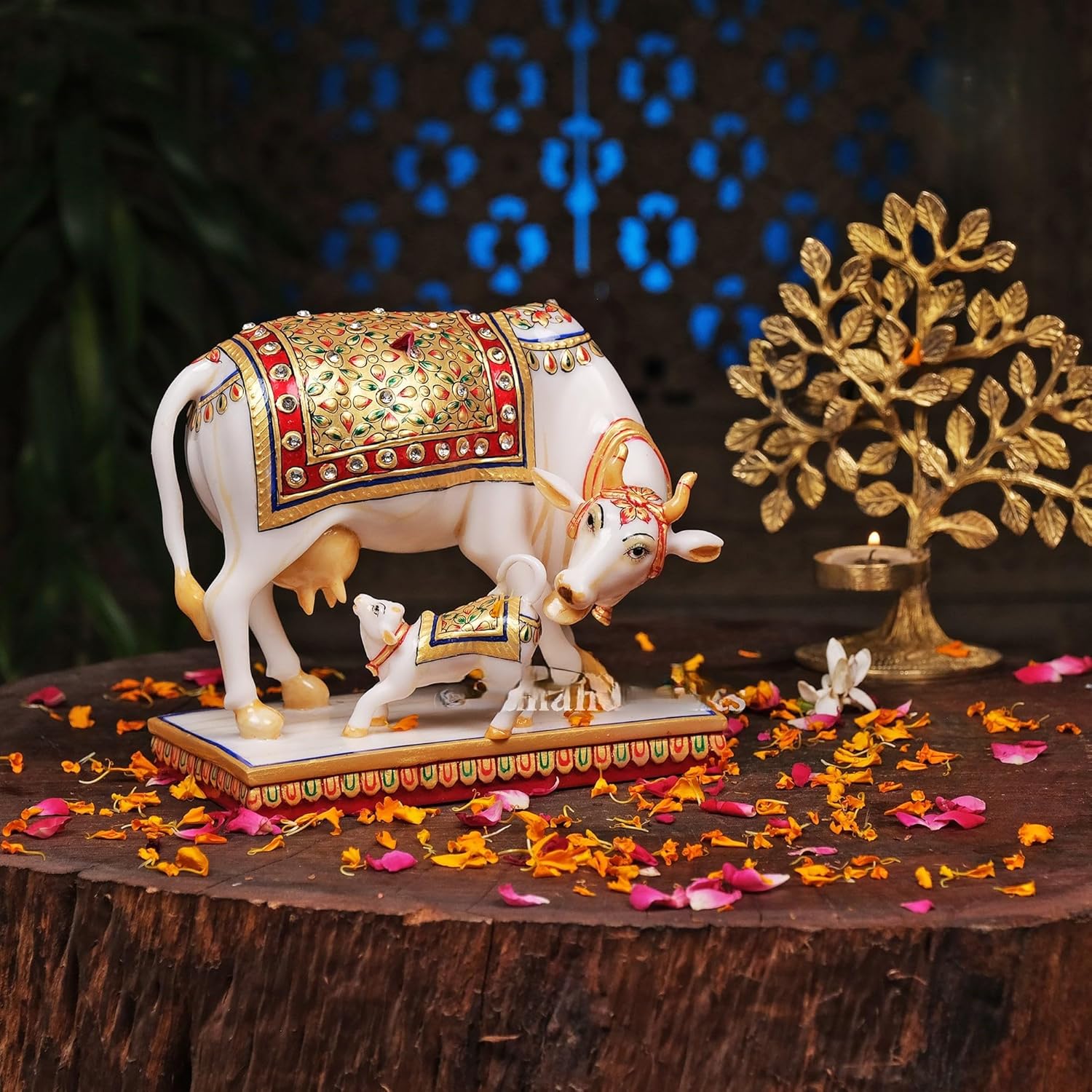 Shivaji Arts Kamadhenu Cow Calf Statue in Marble, 15 cm Marble Kamdhenu Cow and Calf Idol, Holy Cow of Wishes & Desires, House Warming Gift
