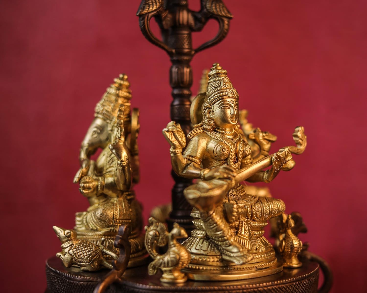 Brass Lakshmi Ganesha Saraswati Statue on Revolving Base, Revolving Laxmi Ganesh Saraswati Idol, Religious Home Decor, House Warming Gift