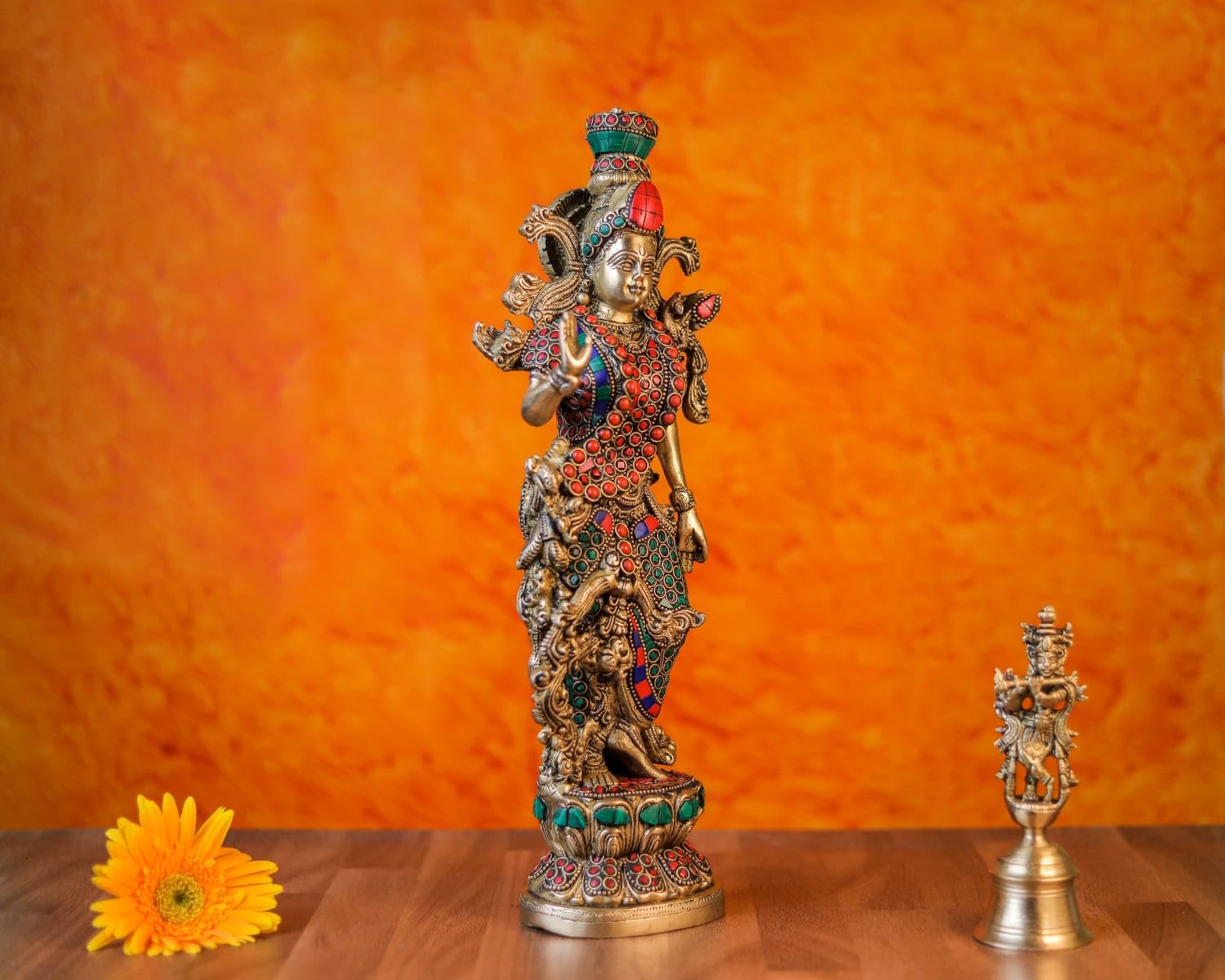 Radha Krishna Statue, 36 cm Brass Radha Krishna Murti with Stone Work, Goddess Radha Idol, Lord Krishna Idol, Hindu Divine Couple, Radha-Krishna Figure