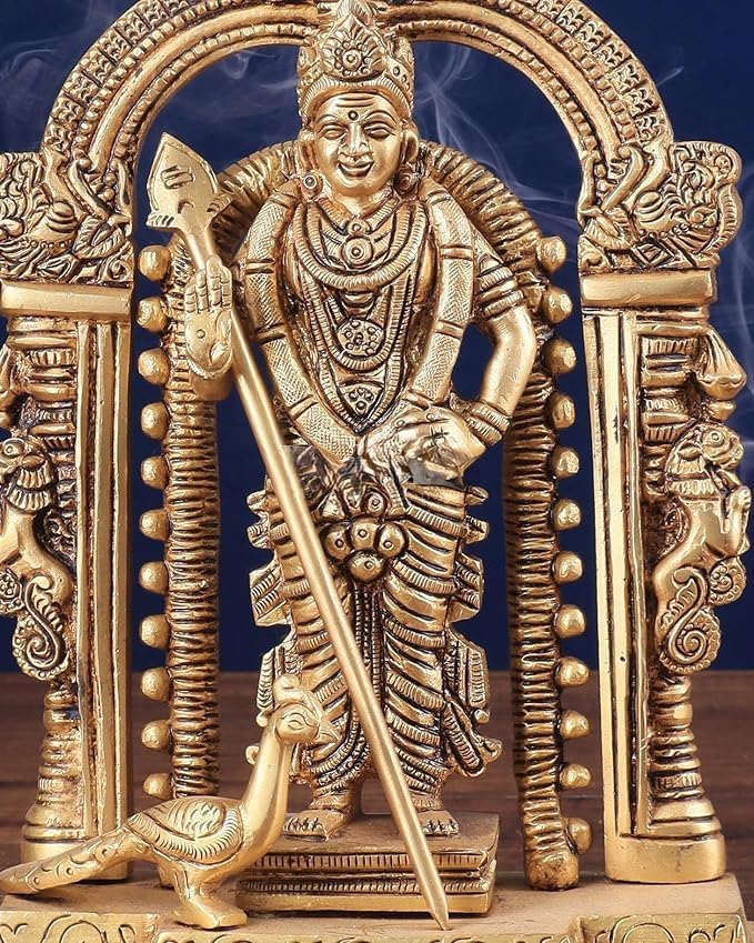 Shivaji Arts Brass Lord Murugan Statue - 23 cm Golden Finish Kartikeya Idol, Lord Muruga Subramanya Murti, God of War Sculpture
