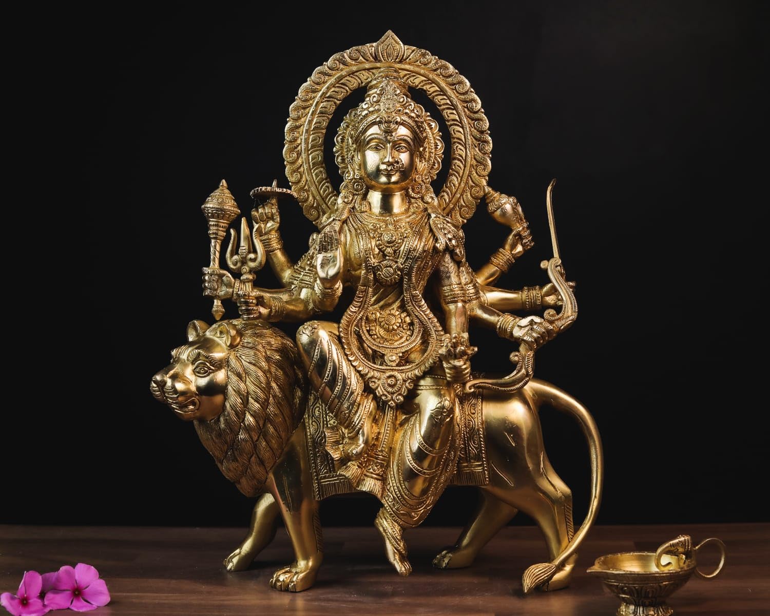 Shivaji Arts Durga Statue in Brass, 15" Inch Big Large Brass Durga Idol, Hindu Goddess Sherawali MATA Murti for Navratri Puja, Ambe Maa Durga Sitting on Lion