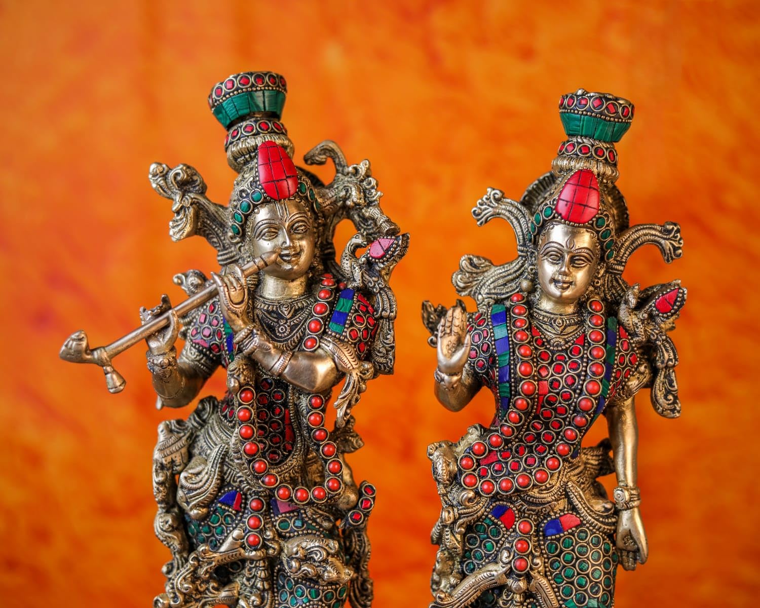 Radha Krishna Statue, 36 cm Brass Radha Krishna Murti with Stone Work, Goddess Radha Idol, Lord Krishna Idol, Hindu Divine Couple, Radha-Krishna Figure