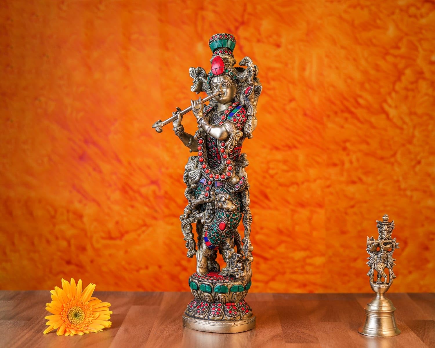 Radha Krishna Statue, 36 cm Brass Radha Krishna Murti with Stone Work, Goddess Radha Idol, Lord Krishna Idol, Hindu Divine Couple, Radha-Krishna Figure
