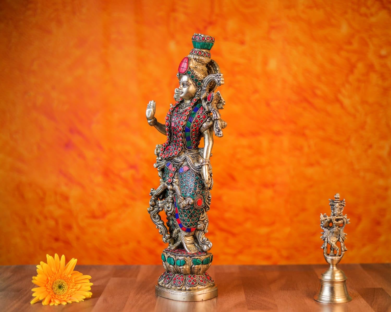 Radha Krishna Statue, 36 cm Brass Radha Krishna Murti with Stone Work, Goddess Radha Idol, Lord Krishna Idol, Hindu Divine Couple, Radha-Krishna Figure