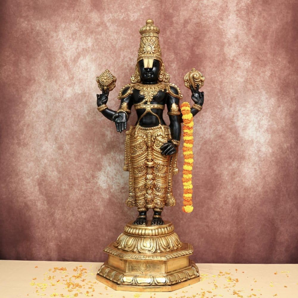 Brass Tirupati Balaji, 101.6 cm Big Large Black Golden Finish Brass Shree Venkateswara Statue for Home and Altar and Pooja Room Decor