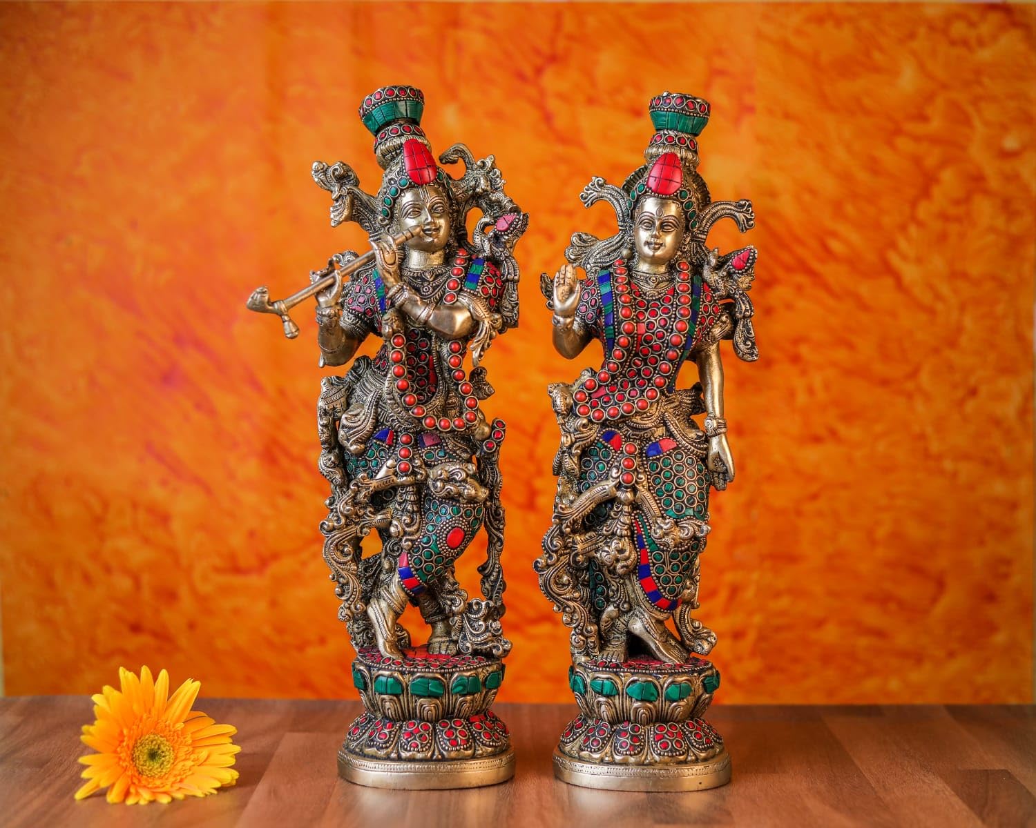 Radha Krishna Statue, 36 cm Brass Radha Krishna Murti with Stone Work, Goddess Radha Idol, Lord Krishna Idol, Hindu Divine Couple, Radha-Krishna Figure