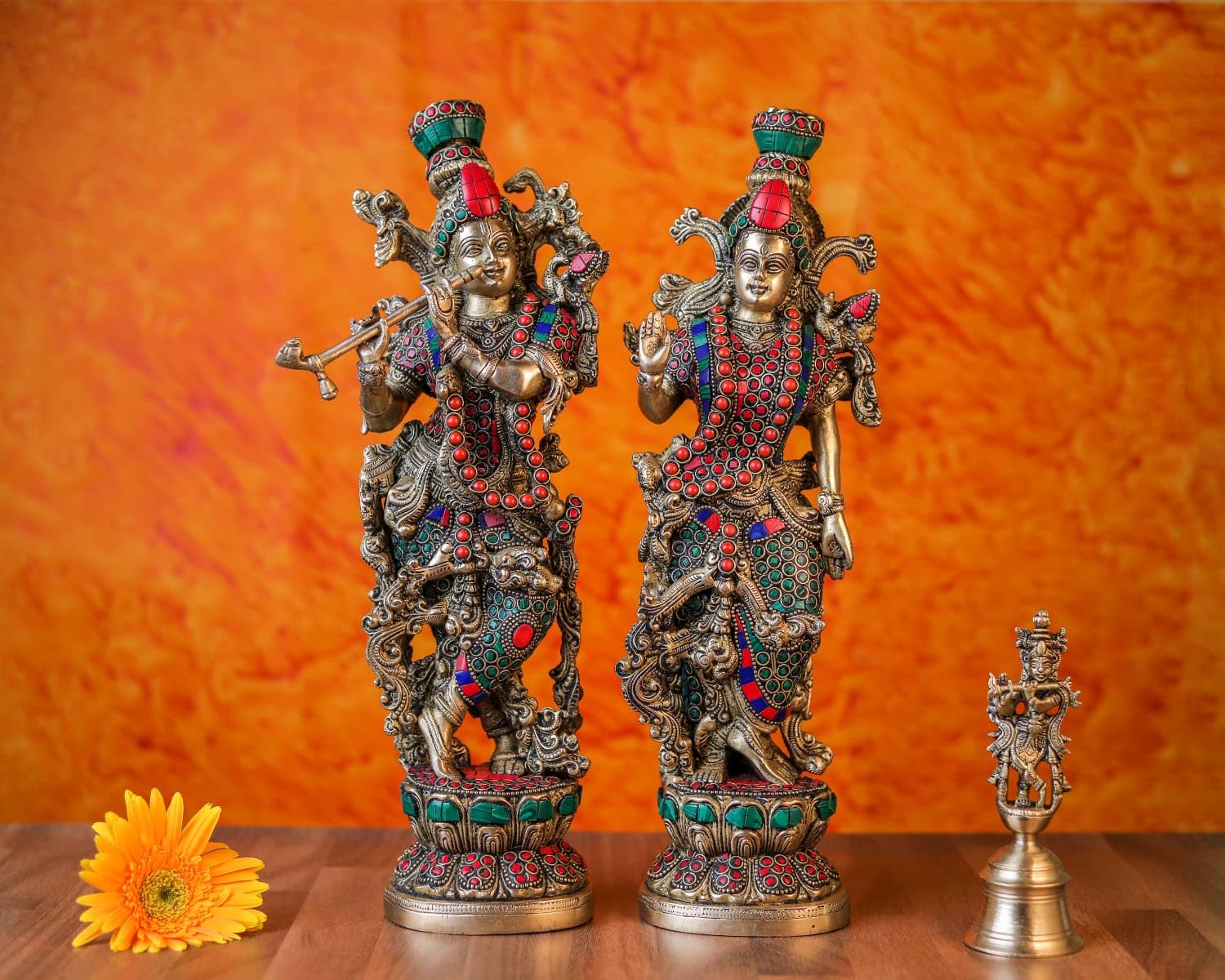 Radha Krishna Statue, 36 cm Brass Radha Krishna Murti with Stone Work, Goddess Radha Idol, Lord Krishna Idol, Hindu Divine Couple, Radha-Krishna Figure