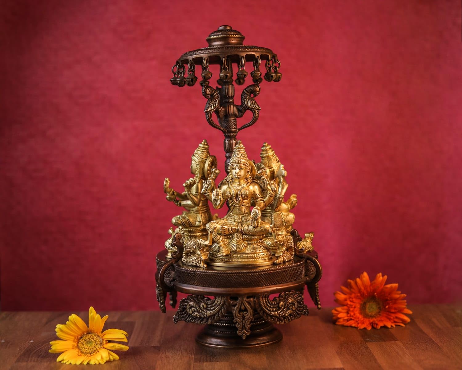 Brass Lakshmi Ganesha Saraswati Statue on Revolving Base, Revolving Laxmi Ganesh Saraswati Idol, Religious Home Decor, House Warming Gift