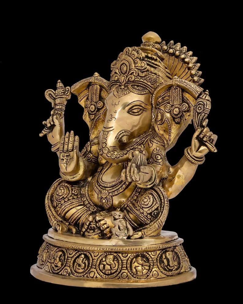 Brass Ganesha Statue - 28CM Large Ganesh Idol - Traditional Ganesh Murti Showpiece for Home Decor and Gifts Ganapathi Idol, Ashtavinayaka, Good Luck Gift for New Beginnings, Housewarming Gift