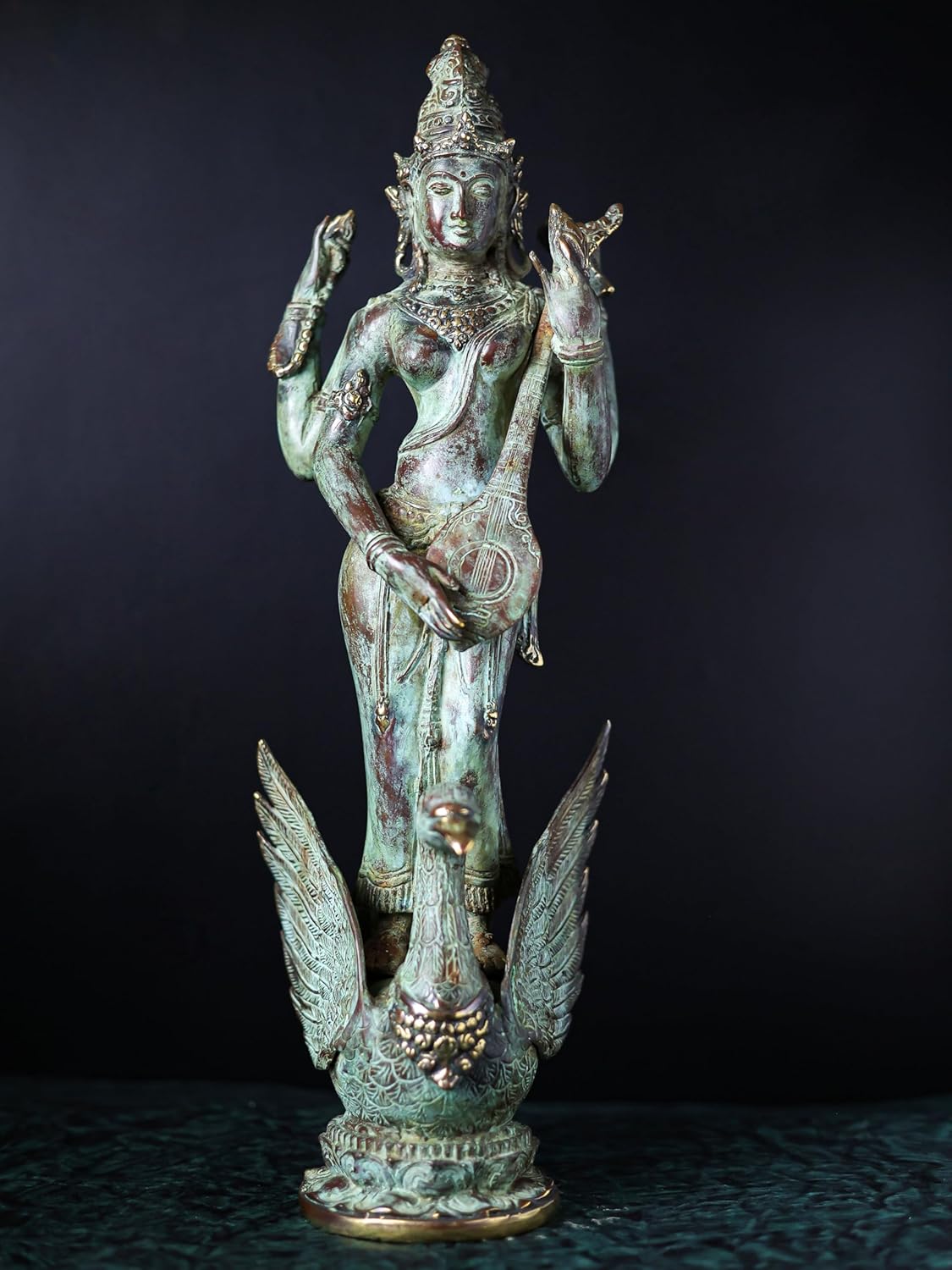 Shivaji Arts Bronze Standing Saraswati Statue with Swan Antique Sarswati Idol Playing Veena - 52 cm | Housewarming Gift | Diwali Gift | Beautiful Art Piece Home Altar Decor.