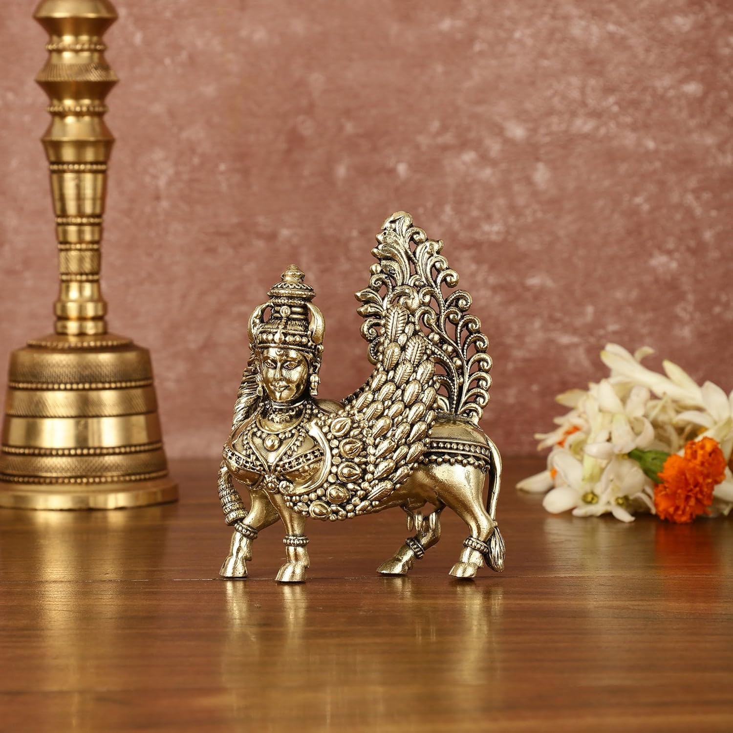 Kamdhenu Cow with Calf Statue in Brass, 12 CM Holy Cow Idol, Showpiece for Home Decor, Handmade Divine Cow, The Cow of Wishes & Desires
