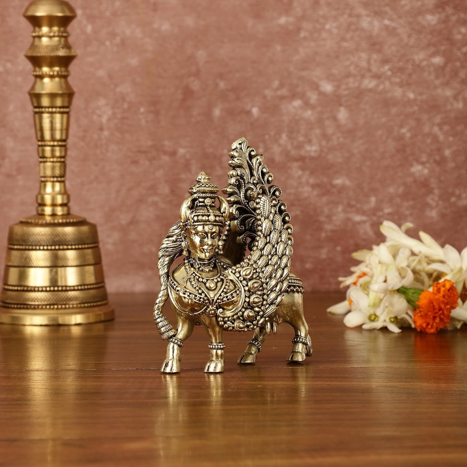 Kamdhenu Cow with Calf Statue in Brass, 12 CM Holy Cow Idol, Showpiece for Home Decor, Handmade Divine Cow, The Cow of Wishes & Desires